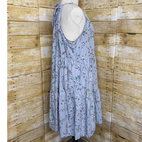 A NEW DAY BLUE FLORAL HALTER TIERED BABYDOLL MINI DRESS BOHO BOTANICAL SZ. LRG - Picture 2 of 3